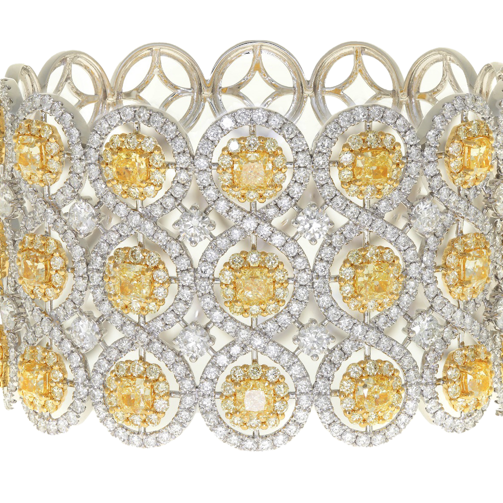 23.33 ct Yellow and white diamond 18k white gold bangle 6.5 inch