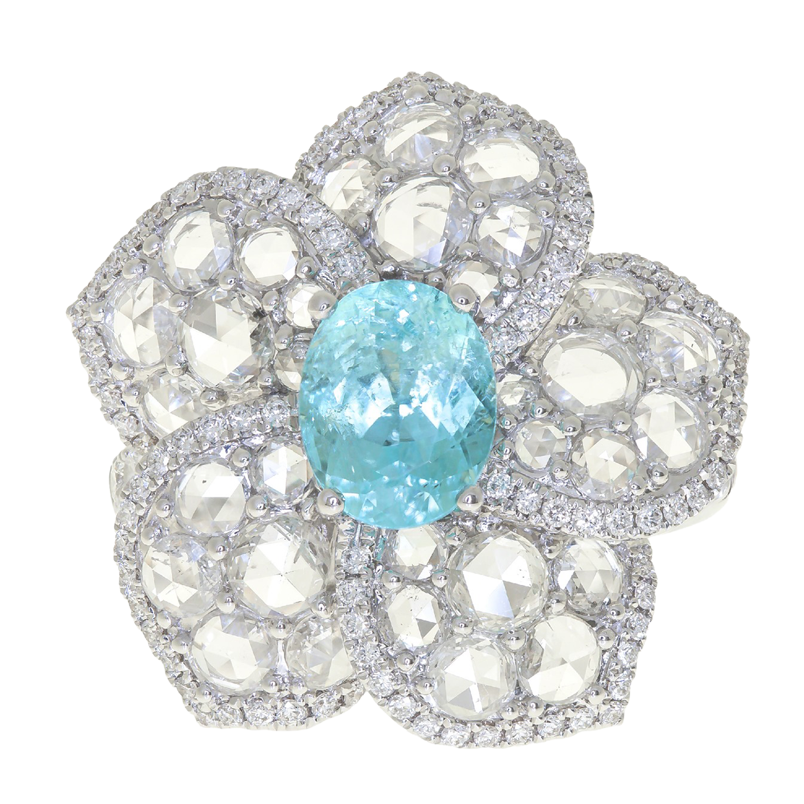 1.57 ct Paraiba tourmaline 2.30 ct white diamond old cut Ring 18k white gold