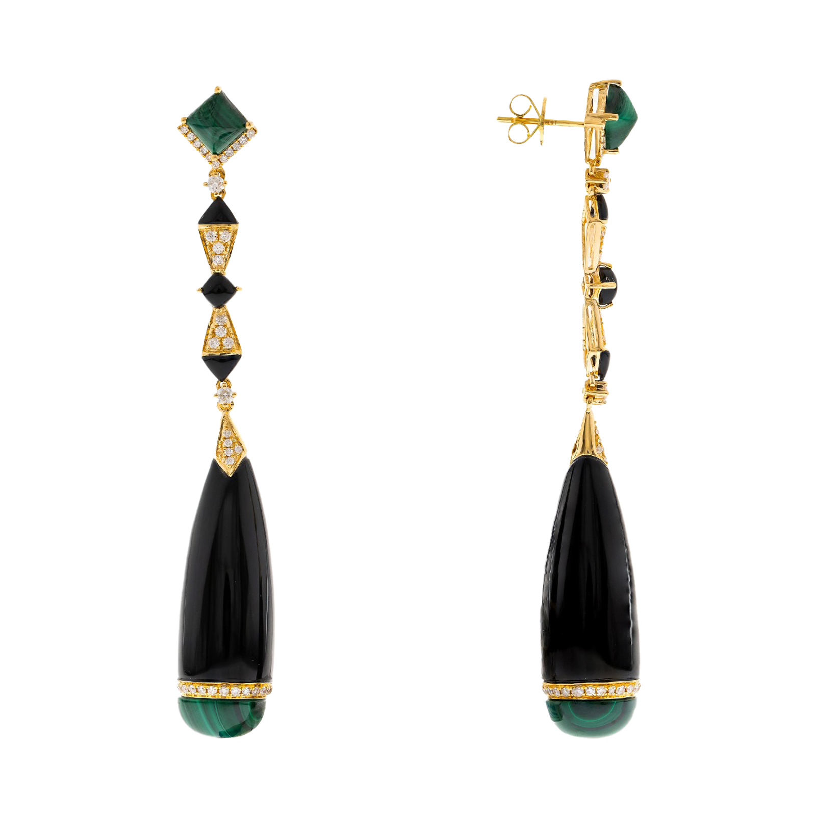 0.80ct Onyx and malachite diamond earrings 18k yellow gold