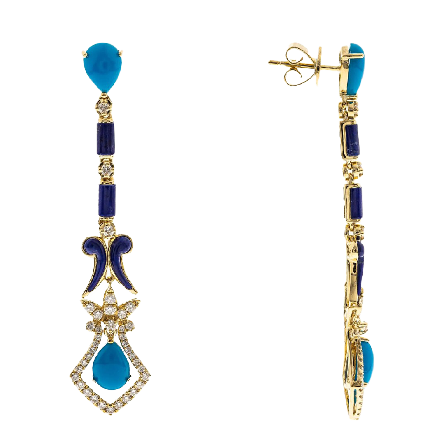 0.84 ct Turquoise and lapis lazuli Diamond earrings 18k yellow gold
